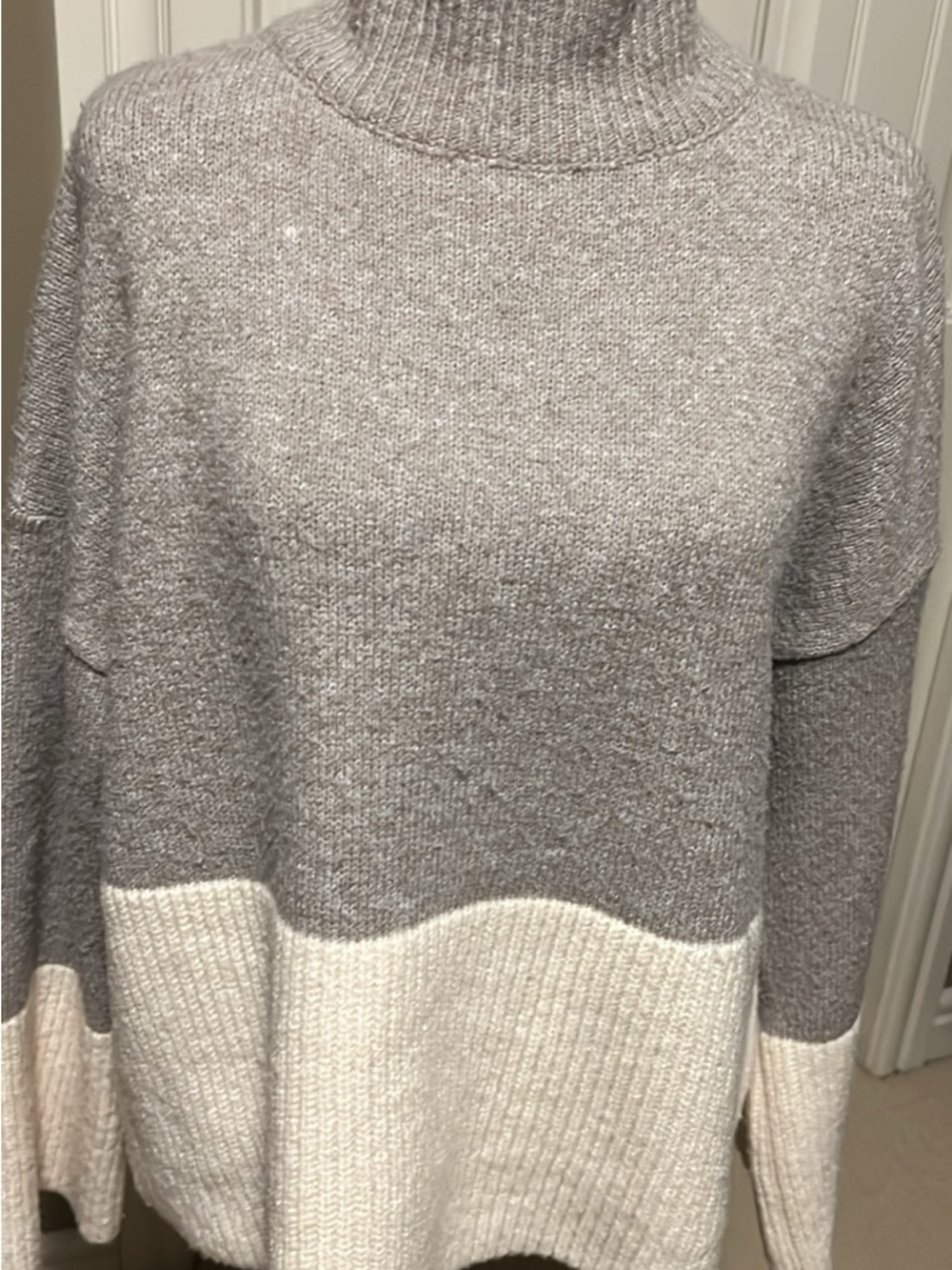OAK + FORT Two-Tone Mock Neck Sweater in Brown and Cream